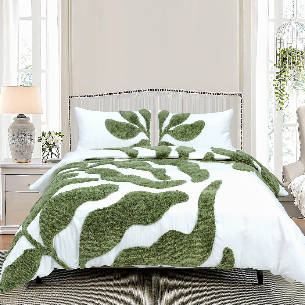 Belle Botanical Large Scale Leaf Tufted Chenille Embroidery Duvet Cover Quilt Cover Set Bedding Set