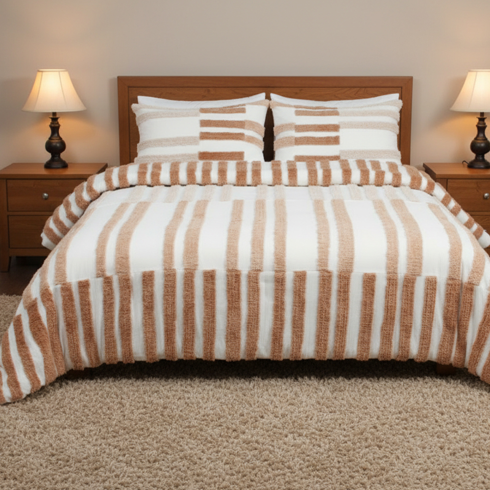 Collette Strip Tufted Chenille Embroidery Duvet Cover Quilt Cover Set Bedding Set