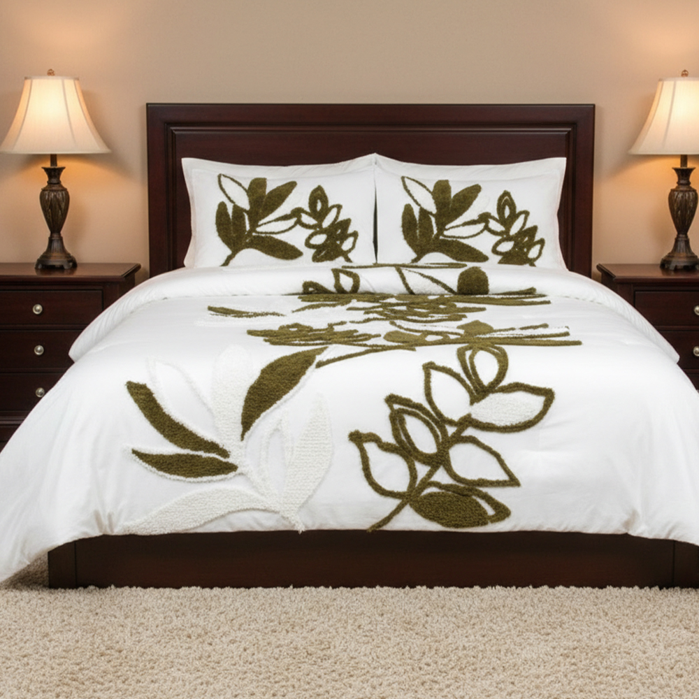 Gia Botanical Leaf Tufted Chenille Embroidery Duvet Cover Quilt Cover Set Bedding Set