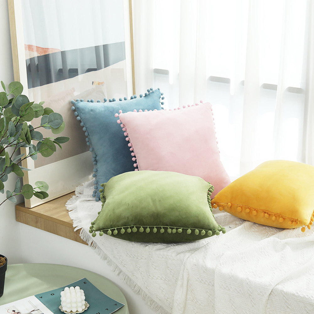Velvet cushion deco pillow with pom pom ball fringe