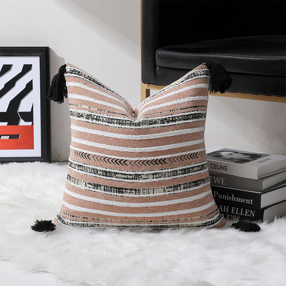 Striped chenille textured cushion deco pillow with tassle