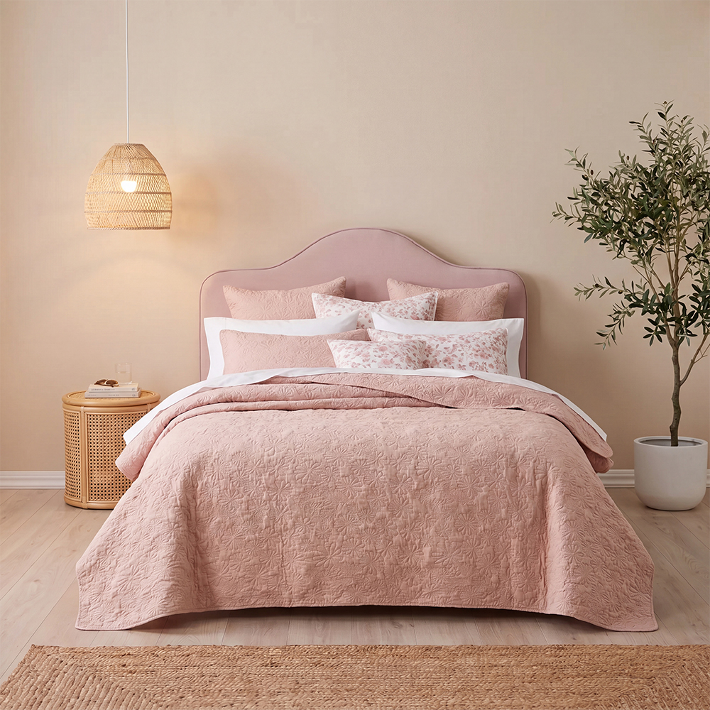 Dusty Pink Embossed Floral Quilt Set Cotton Blend Microfiber Bedspread Coverlet