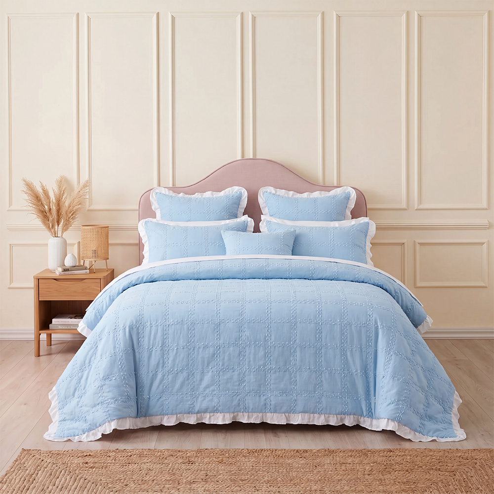 Light Blue Grid Dot Frilled Trim Quilt Set Cotton Blend Microfiber Bedspread Coverlet