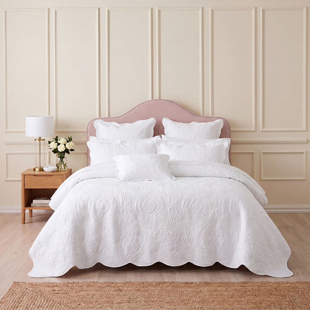 Pure White Vintage Scroll Scalloped Quilt Set Cotton Blend Microfiber Bedspread Coverlet