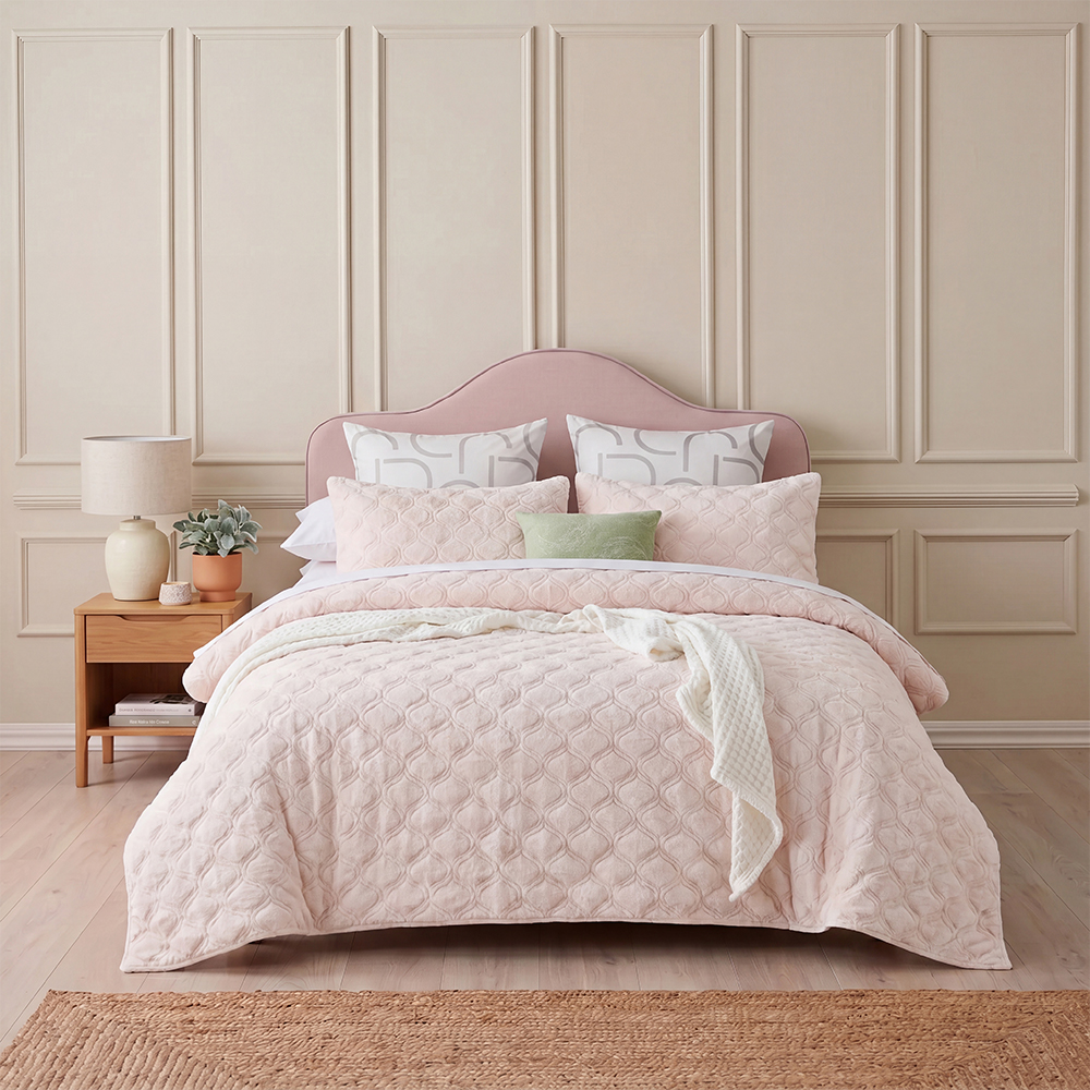 Blush Pink Diamond Velvet Quilt Set Cotton Blend Microfiber Bedspread Coverlet