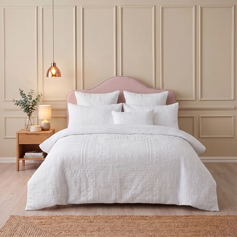 Pure White Patchwork Geometric Quilt Set Cotton Blend Microfiber Bedspread Coverlet