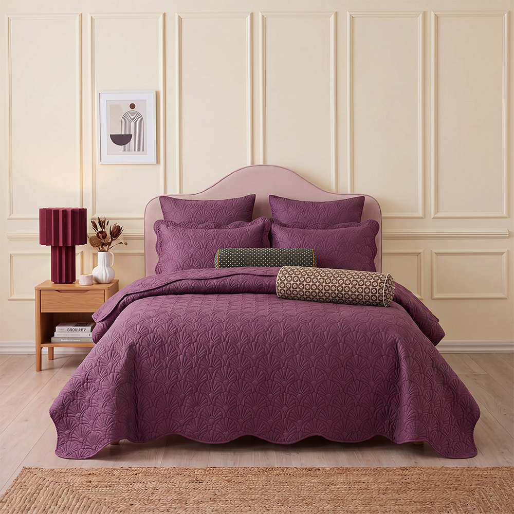 Dark Purple Scalloped Quilt Set Cotton Blend Microfiber Bedspread Coverlet