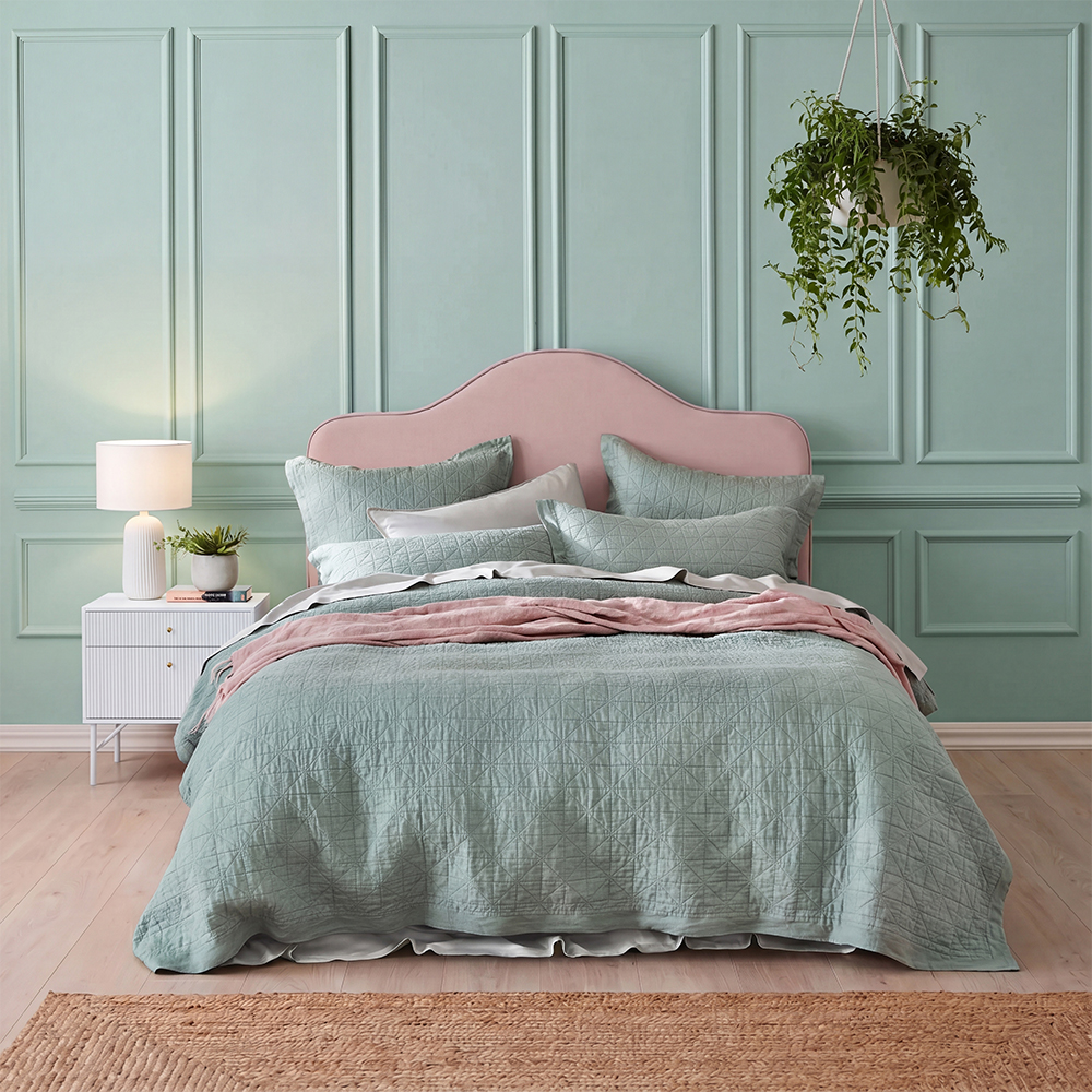 Solid Sage Green Geometric Quilt Set Cotton Blend Microfiber Bedspread Coverlet