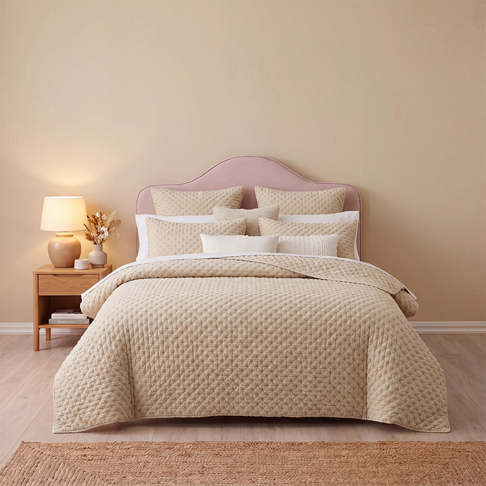 Beige Raised Diamond Cross Quilt Set Cotton Blend Microfiber Bedspread Coverlet