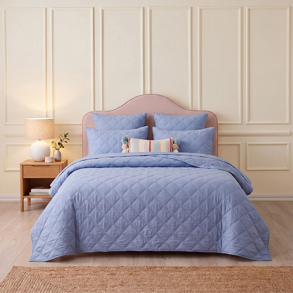 Dusty Blue Full Diamond Stitch Quilt Set Cotton Blend Microfiber Bedspread Coverlet
