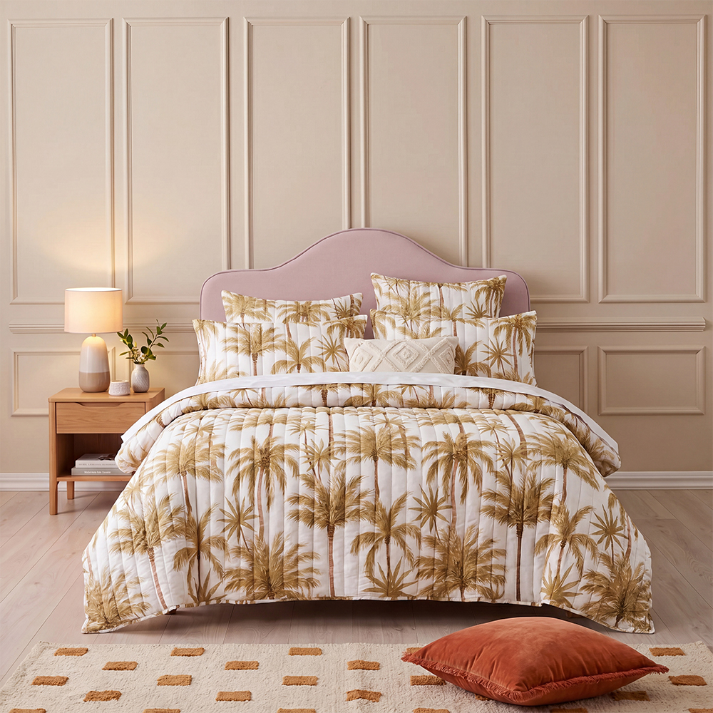 Cotton Blend Microfiber Strip Quilted Palm Print Quilt Set