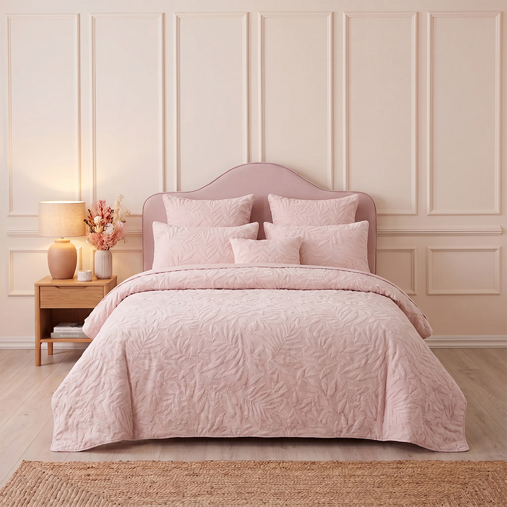 Blush Pink Fern Leaf Quilt Set Cotton Blend Microfiber Bedspread Coverlet