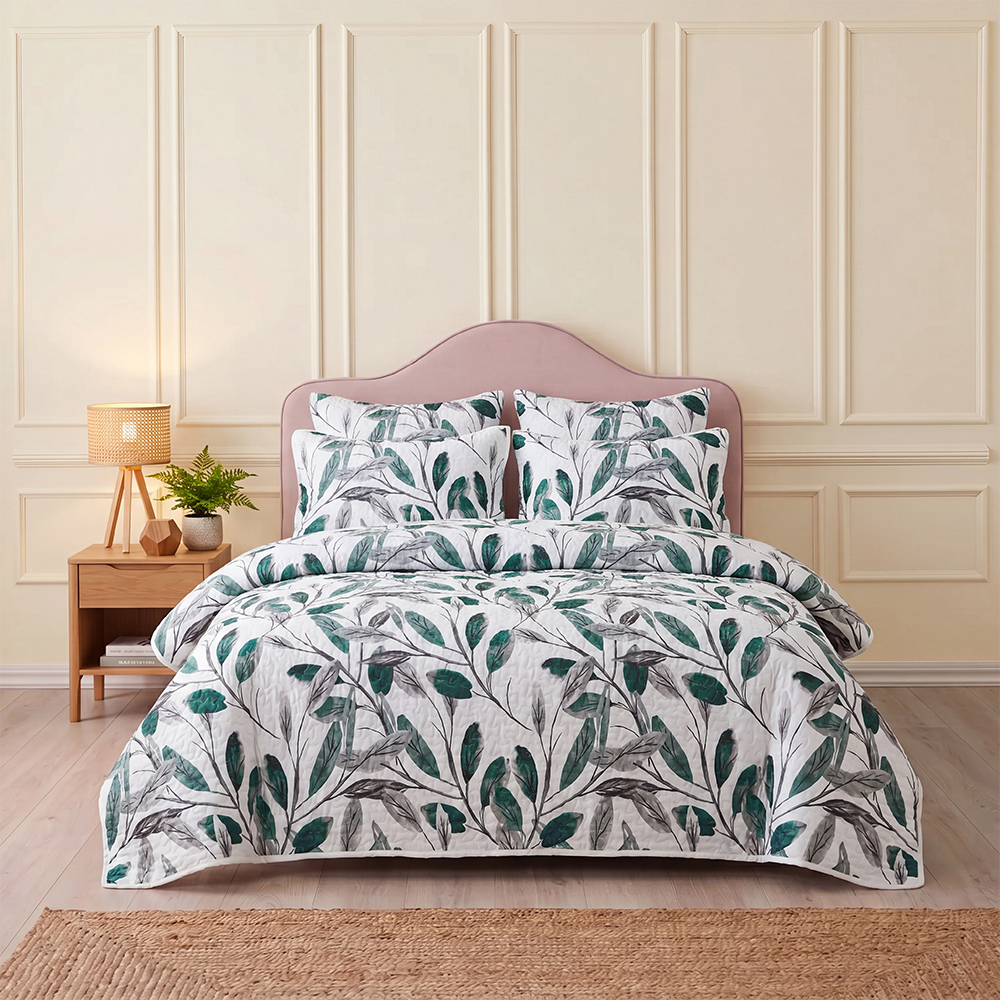 Green Leaf Stripe Quilt Set Cotton Blend Microfiber Bedspread Coverlet