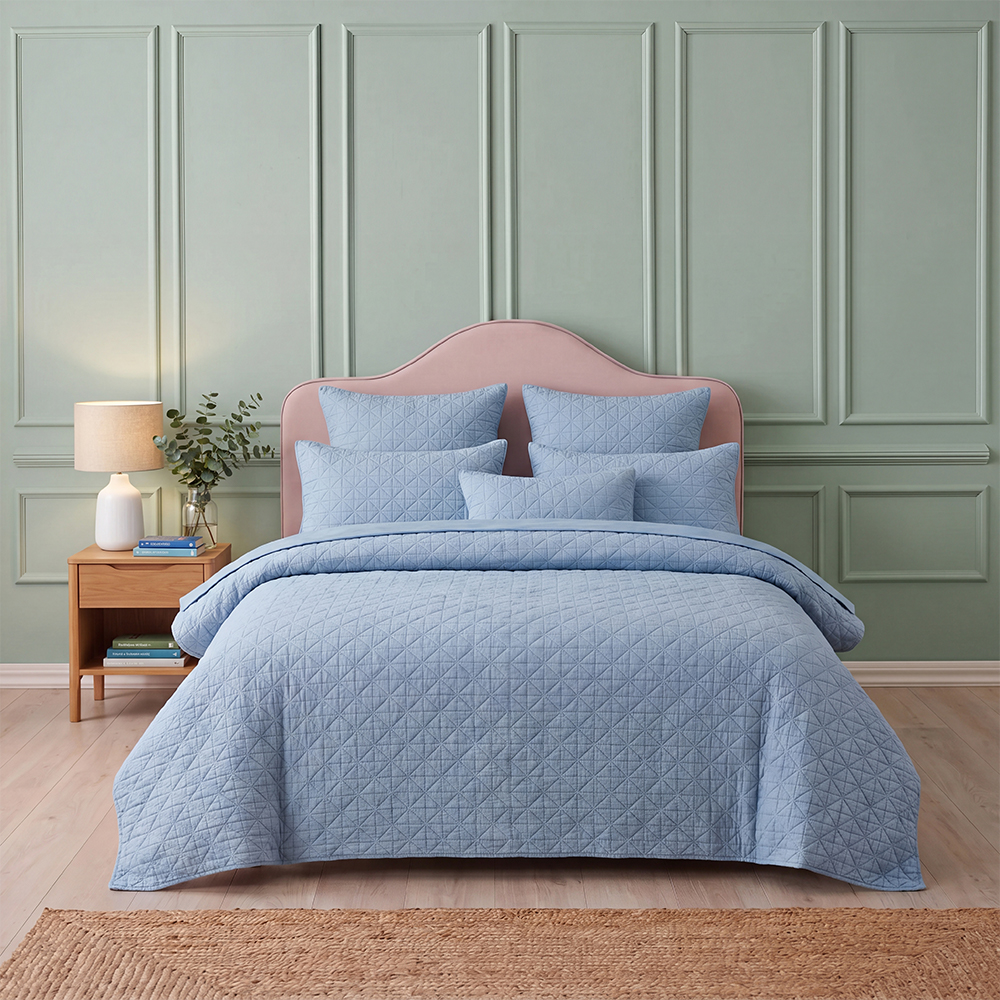 Wash Blue Diagonal Lattice Quilt Set Cotton Blend Microfiber Bedspread Coverlet