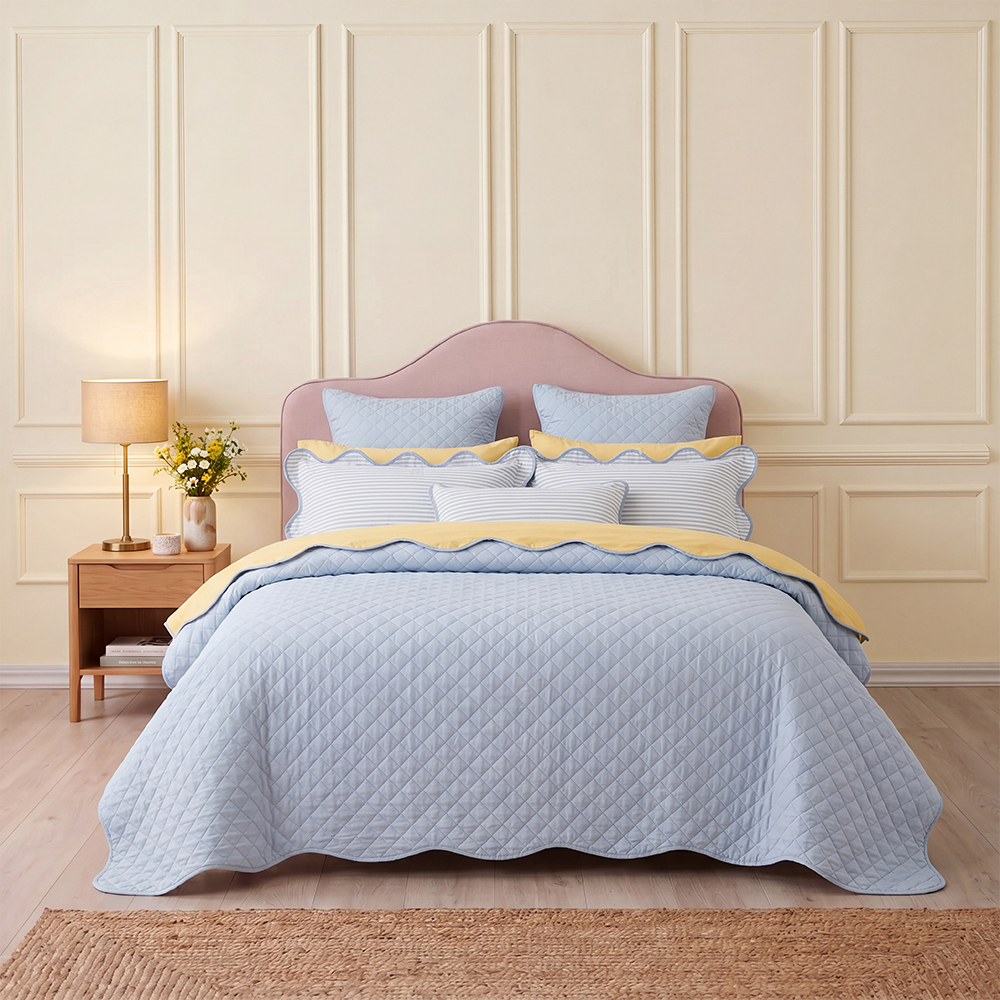 Baby Blue Diamond Quilted Scalloped Edge Quilt Set Cotton Blend Microfiber Bedspread Coverlet