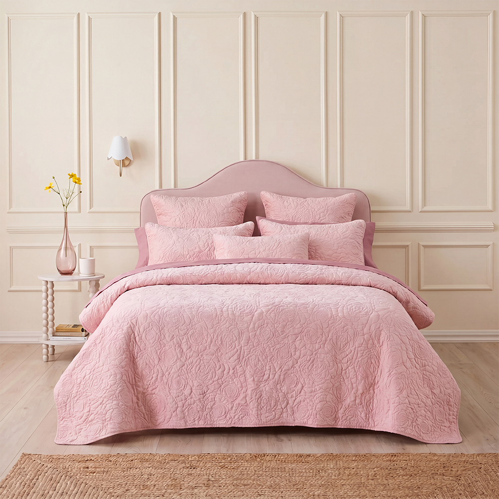 Dusty Pink Vintage Rose Floral Quilt Set Cotton Blend Microfiber Bedspread Coverlet