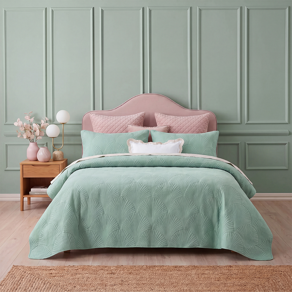 Mint Green Palm Leaf Quilt Set Cotton Blend Microfiber Bedspread Coverlet