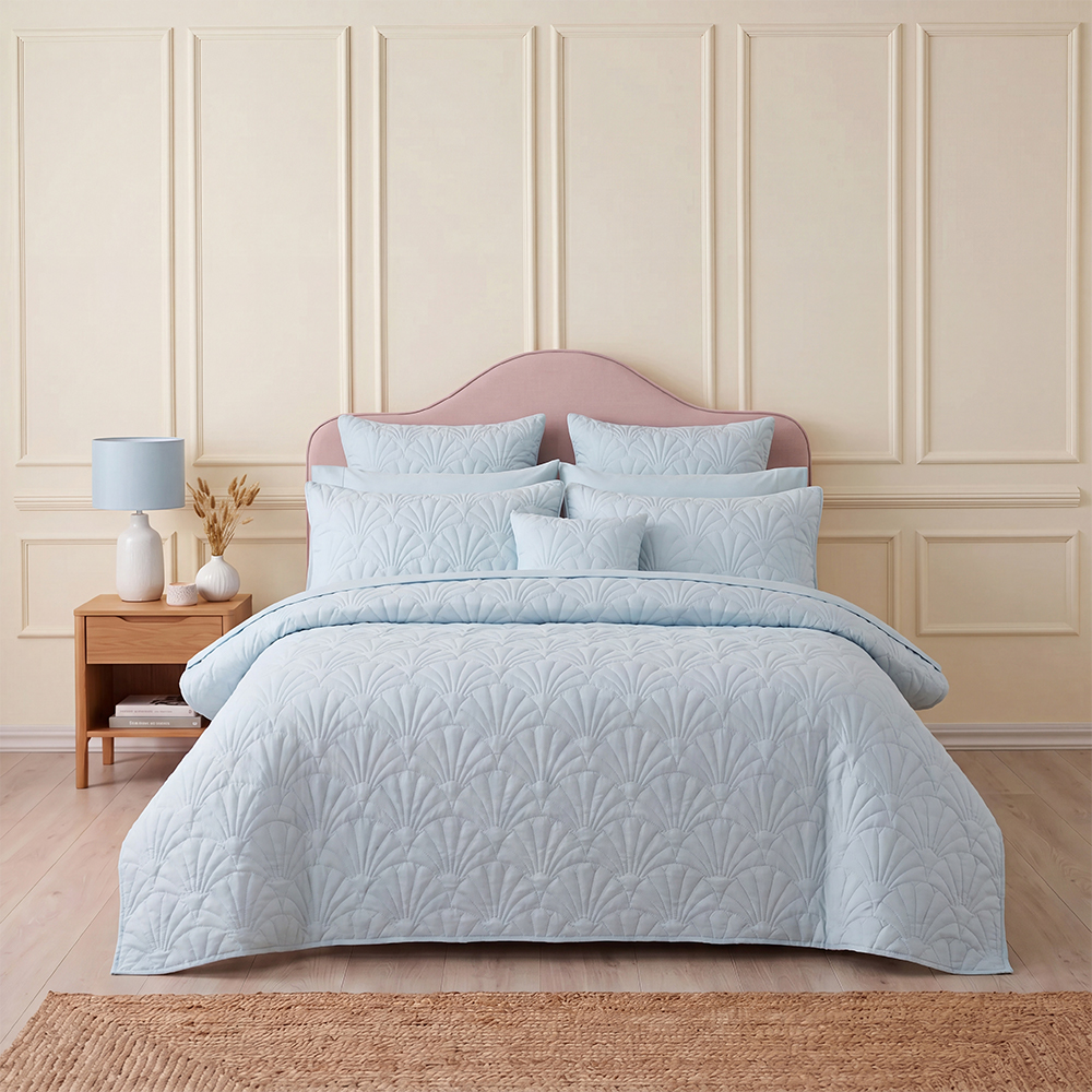 Baby Blue Fan Pattern Quilt Set Cotton Blend Microfiber Bedspread Coverlet