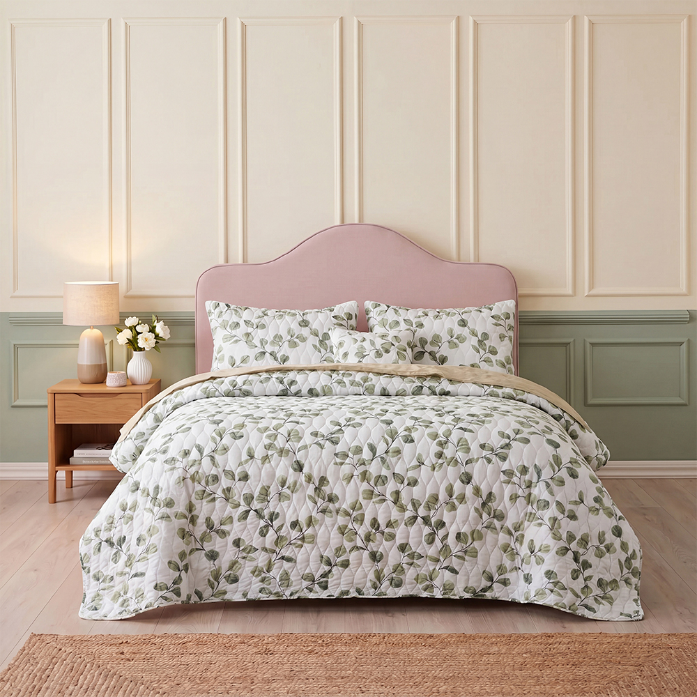 Eucalyptus Leaf Print Quilt Set Cotton Blend Microfiber Bedspread Coverlet