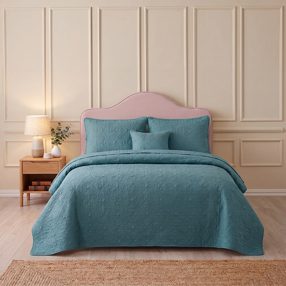Teal Dot Embossed Quilt Set Cotton Blend Microfiber Bedspread Coverlet