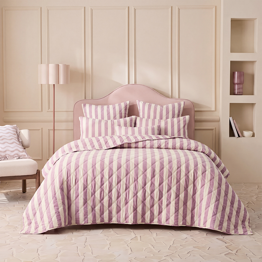 Dusty Pink Cream Vertical Stripe Diamond Quilt Set Cotton Blend Microfiber Bedspread Coverlet