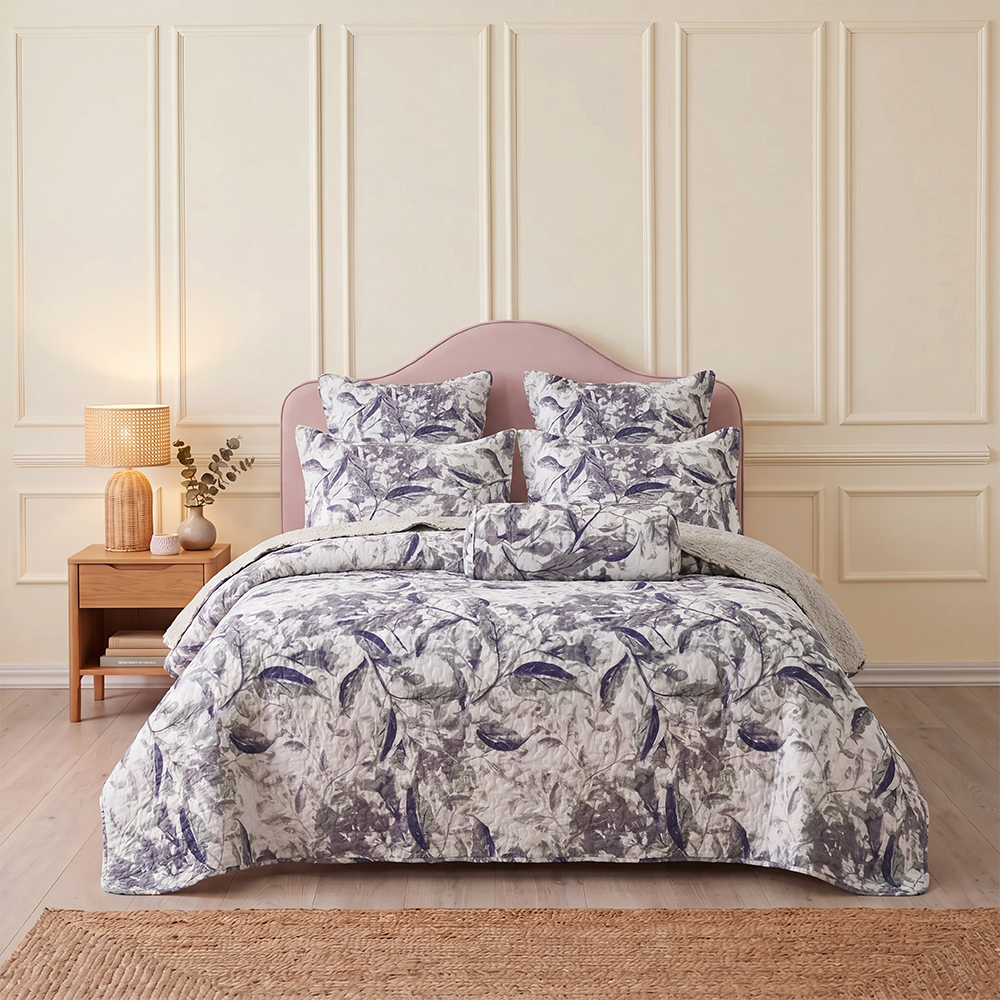 Vintage Purple Leaf Print Quilt Set Cotton Blend Microfiber Bedspread Coverlet