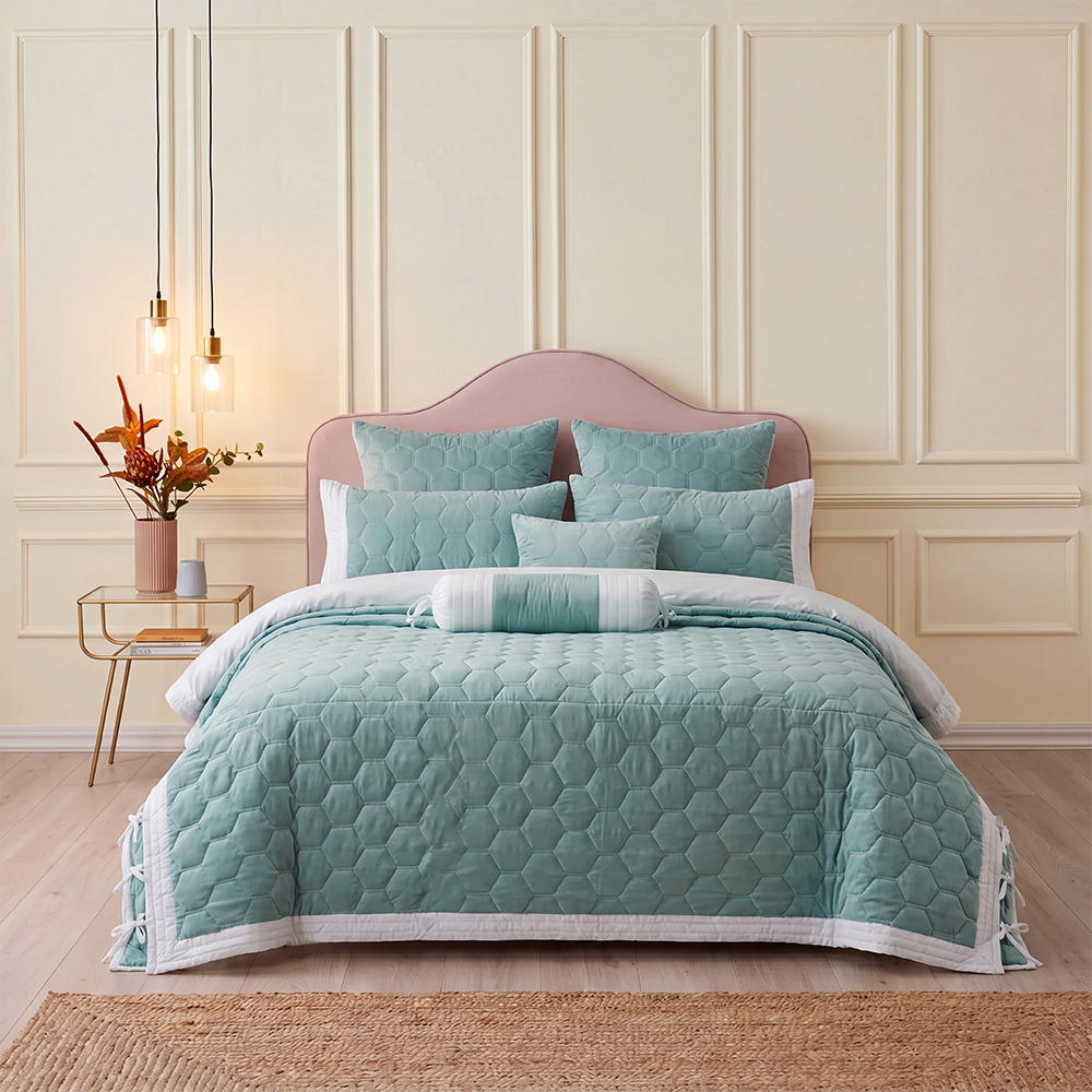 Aqua Hexagon Tassel Edge Quilt Set Cotton Blend Microfiber Bedspread Coverlet