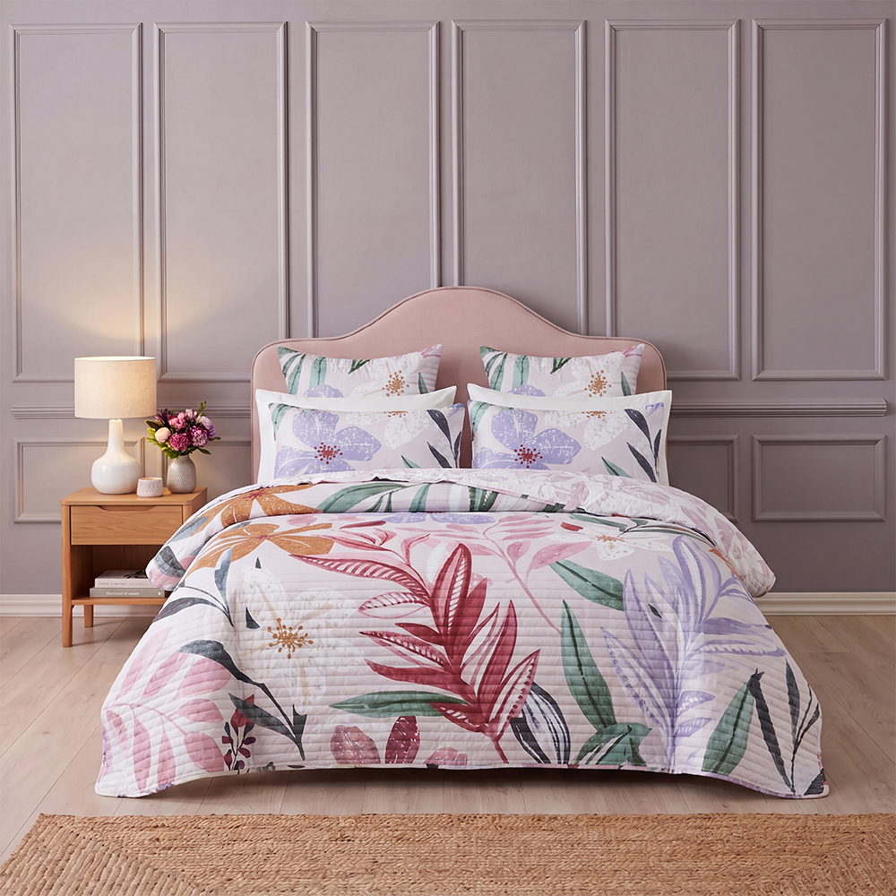 Cotton Blend Microfiber Strip Quilted Floral Print Quilt Set