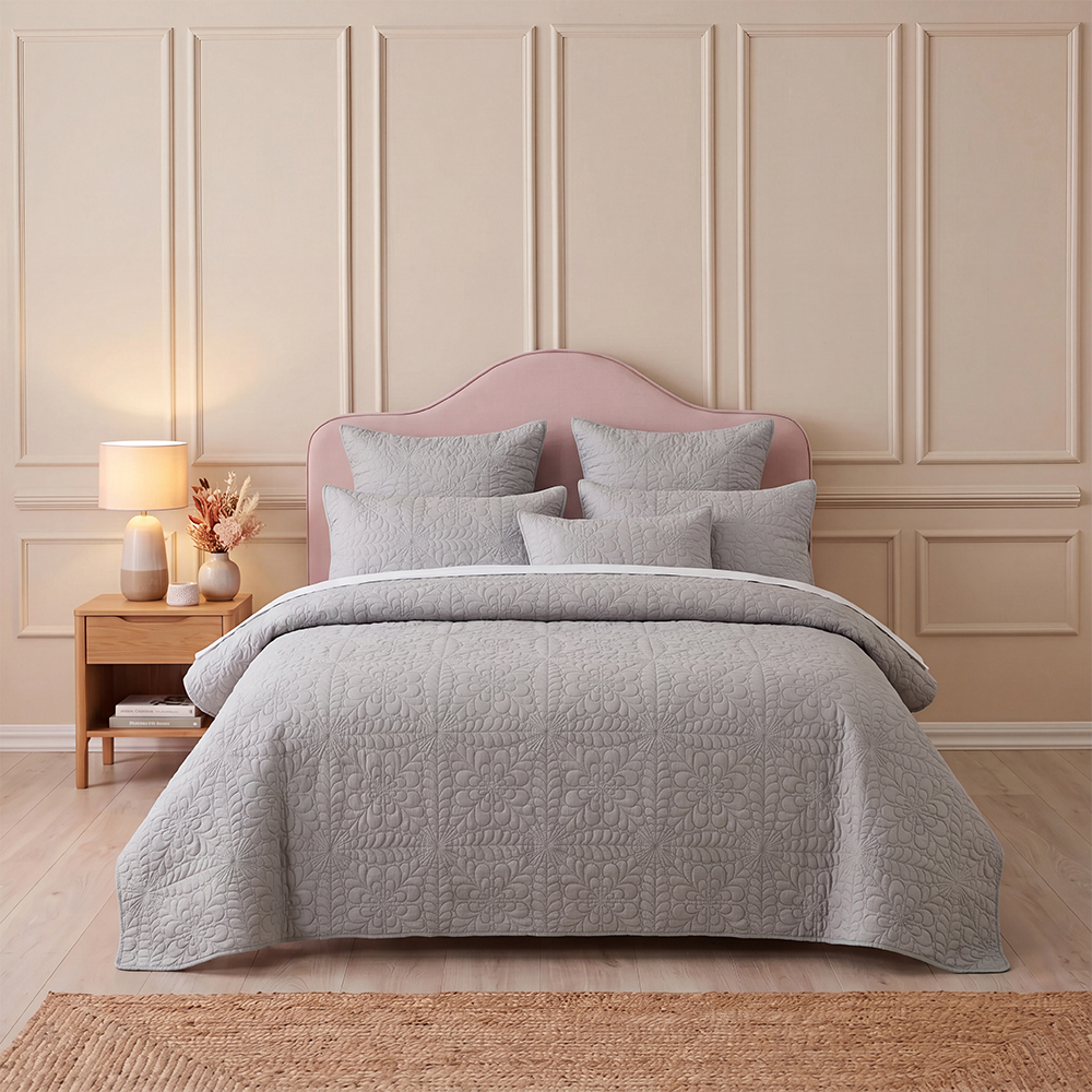 Light Gray Retro Embossed Quilt Set Cotton Blend Microfiber Bedspread Coverlet