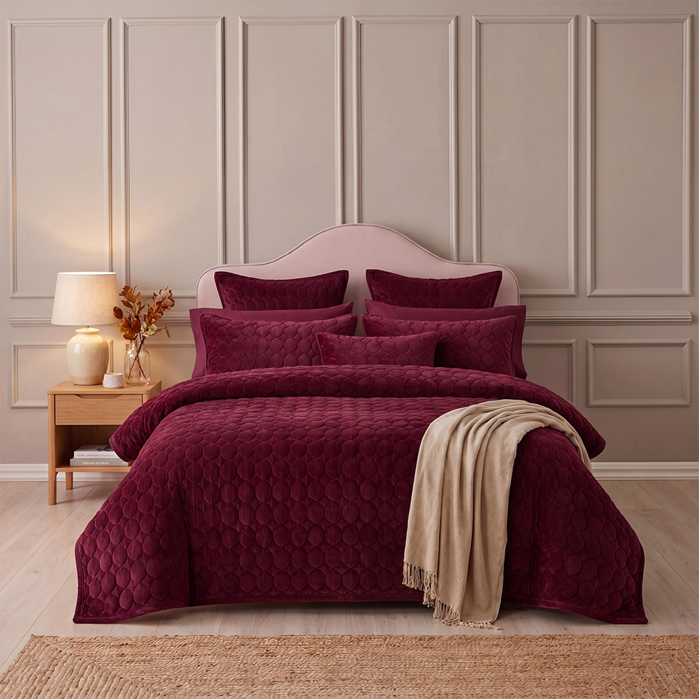 Burgundy Velvet Honeycomb Geometric Quilt Set Cotton Blend Microfiber Bedspread Coverlet