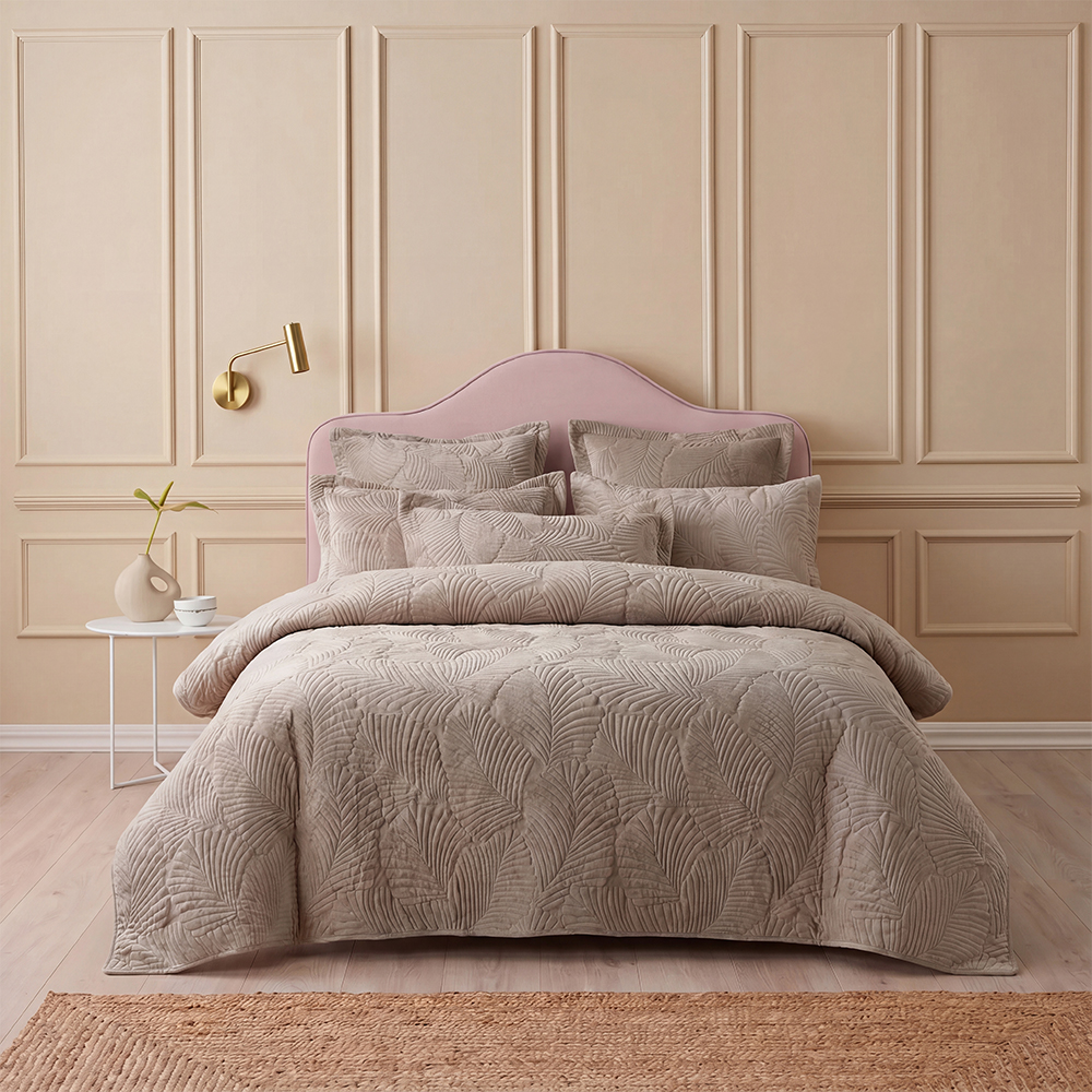Taupe Velvet Leaf Quilt Set Cotton Blend Microfiber Bedspread Coverlet
