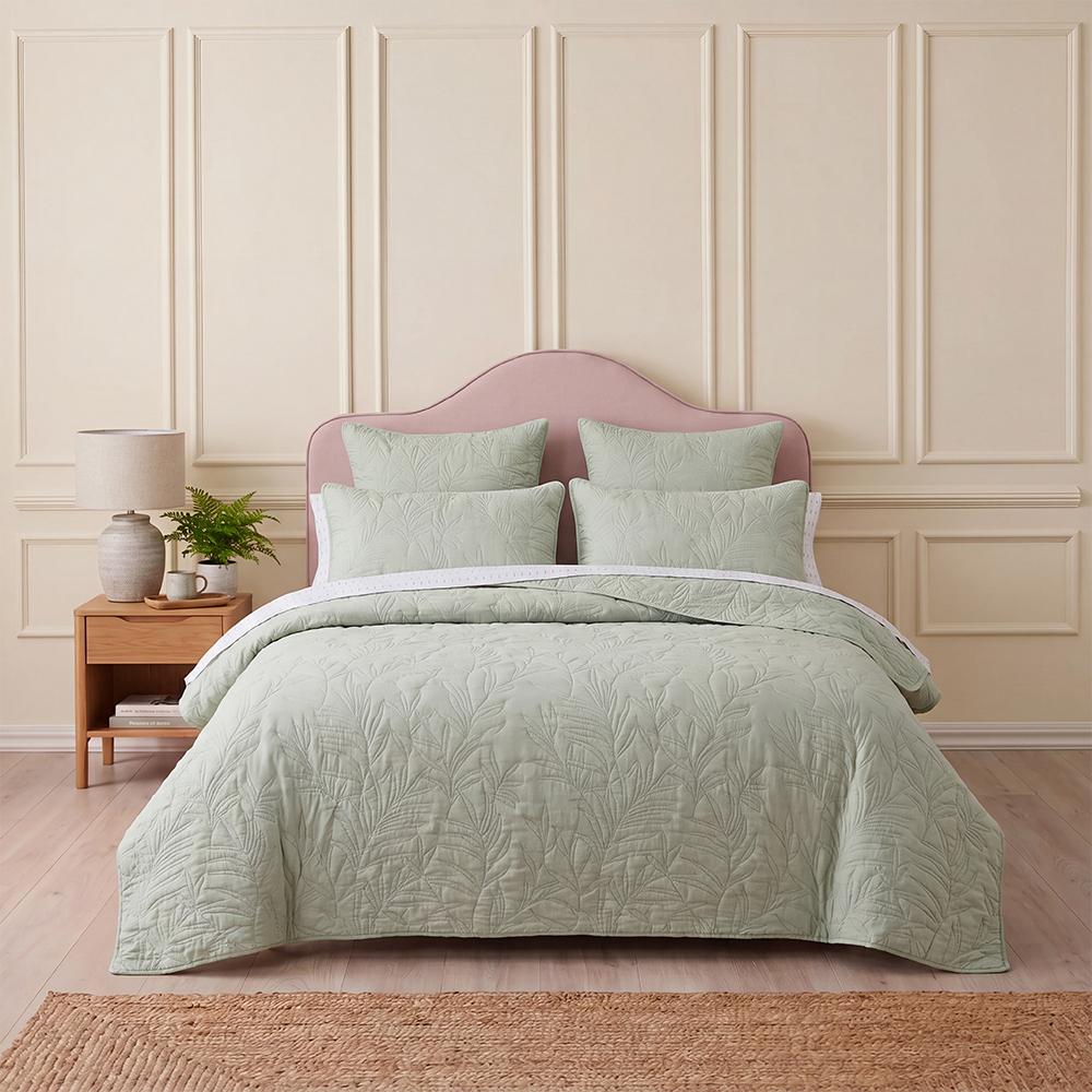 Dried Sage Palm Leaf Quilt Set Cotton Blend Microfiber Bedspread Coverlet