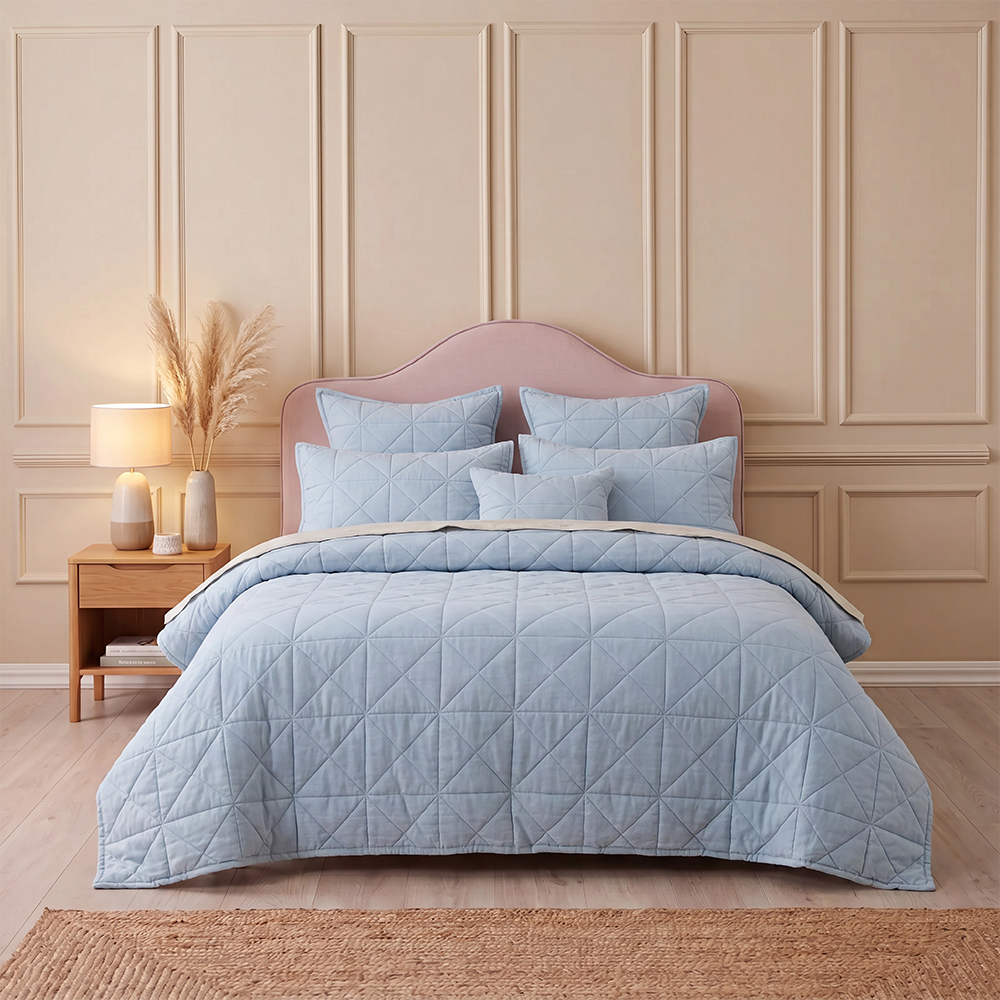 Sky Blue Triangle Grid Quilt Set Cotton Blend Microfiber Bedspread Coverlet