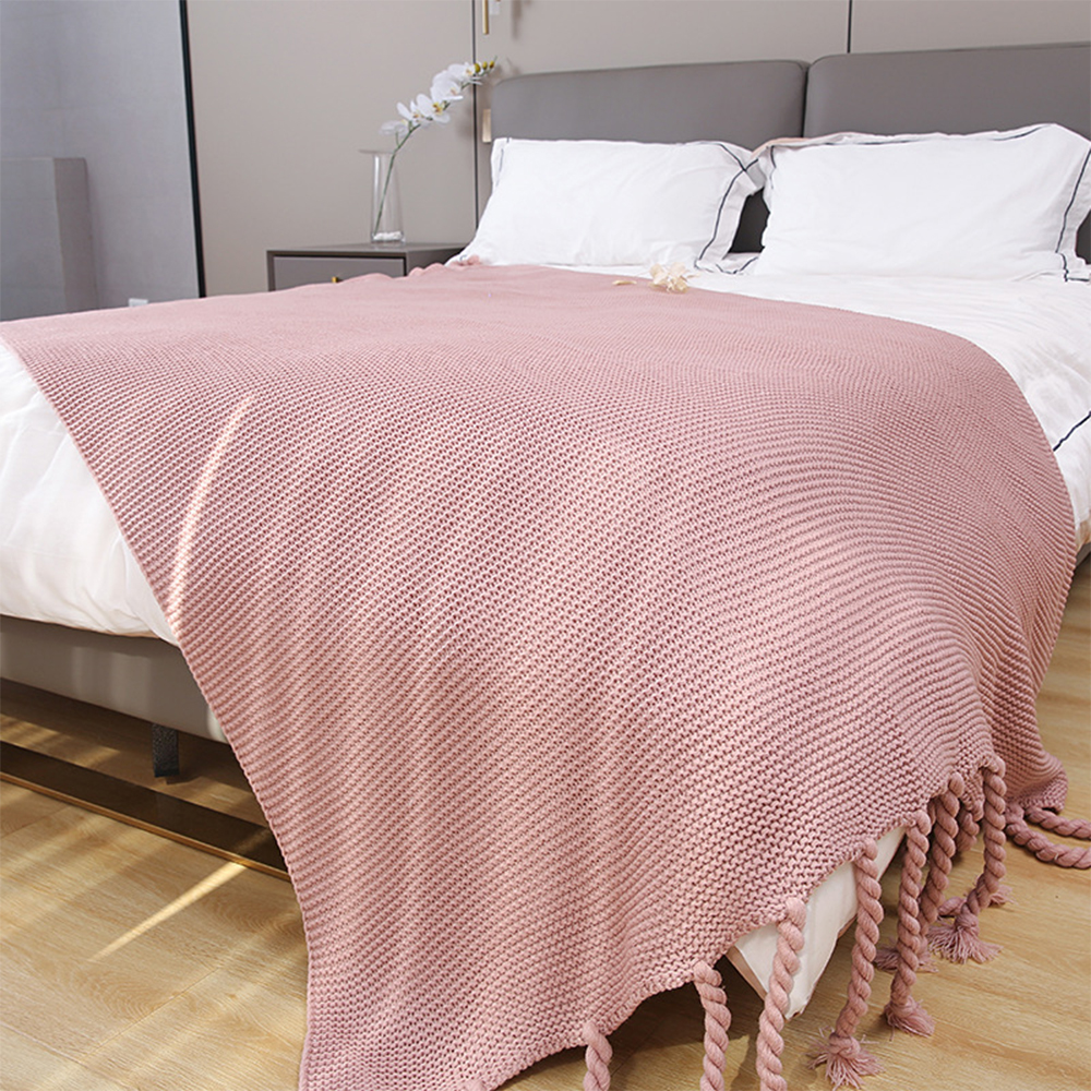Herringbone Knit Acrylic Throw Blanket with Chunky Tassels