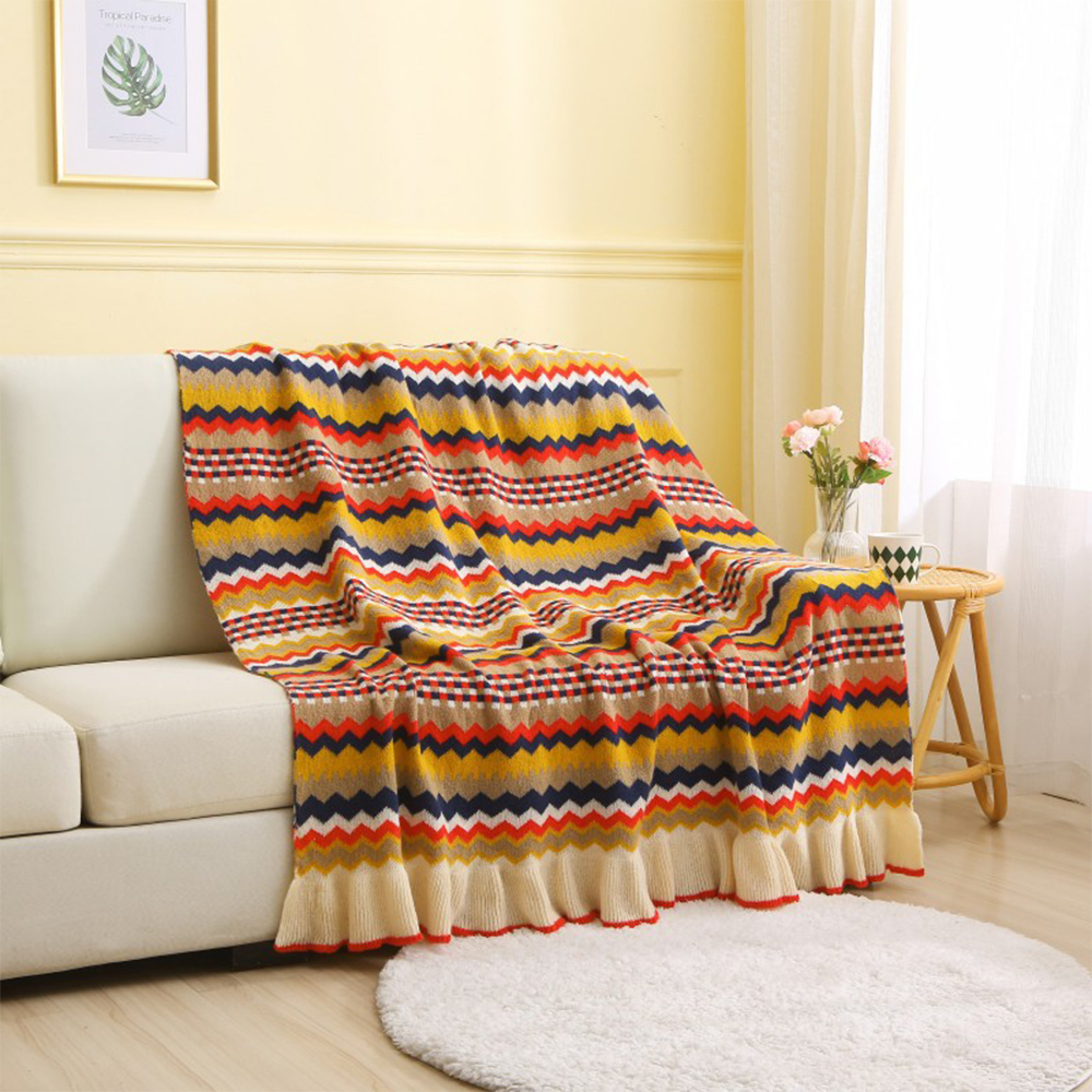 Retro Chevron Stripe Acrylic Knit Throw with Fringe