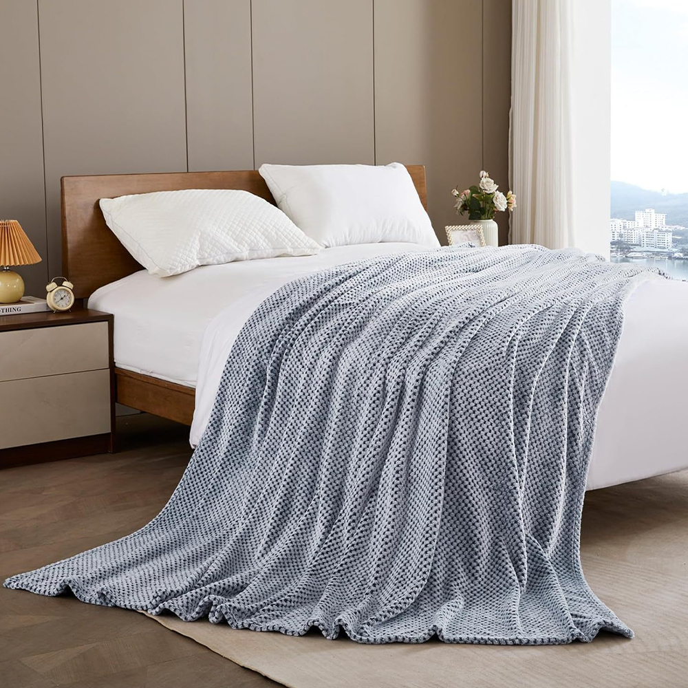 Two Tone Waffle Flannel Plush Blanket Super Soft Light Weight